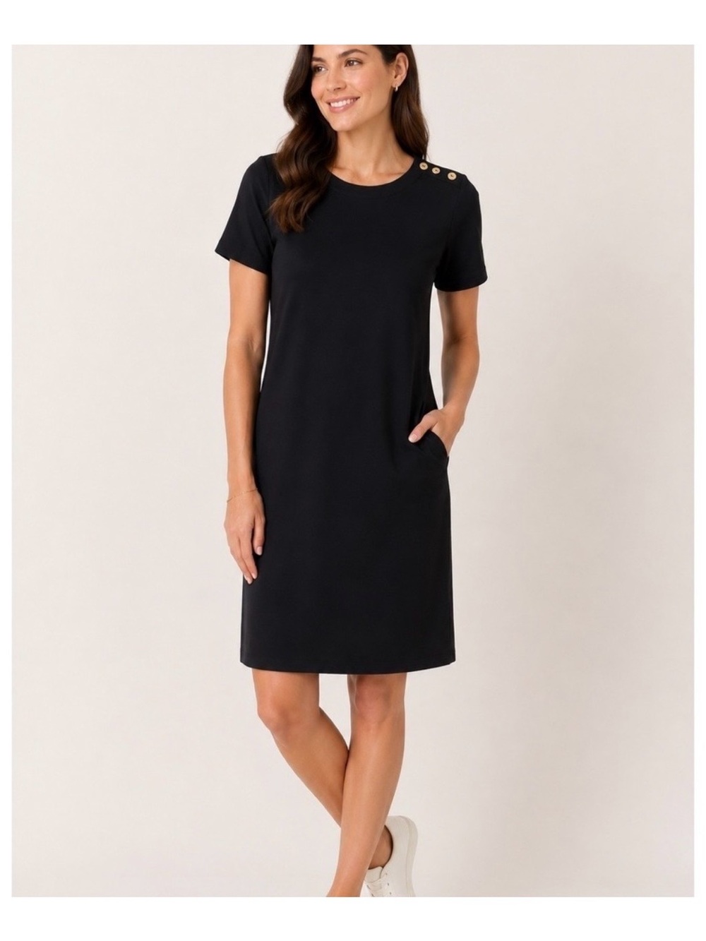 Talbots Woman Black Short Sleeve Shift Dress with Shoulder Buttons Cotton